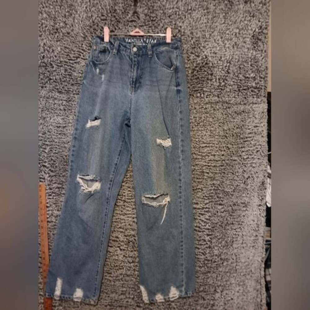 VANILLA STAR Juniors' 90s Distressed Cotton Straight-Leg Blue Jeans Size 9